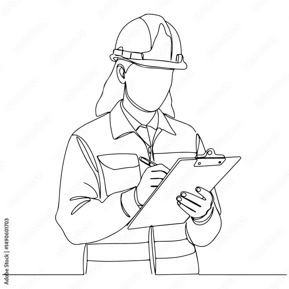 A construction worker in a hard hat and jacket with writing on a clipboard at site A construction worker in a hard hat and jacket with writing on a clipboard at site