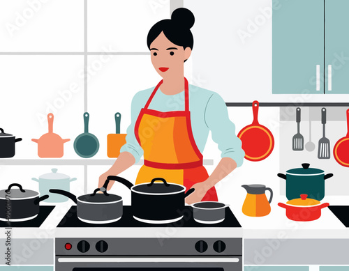 Woman Cooking in Kitchen Illustration - Modern Kitchen Design with Pots and Pans - Vibrant Colors and Clean Lines for Cookbooks or Home Decor