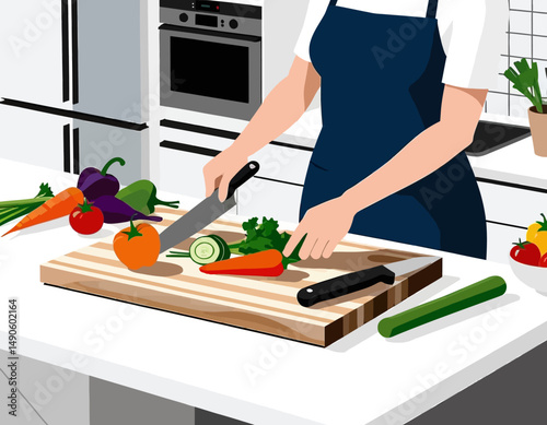 Woman Prepares Fresh Vegetables in Kitchen - Healthy Eating and Cooking Lifestyle - Vegetarian Meal Prep with Colorful Produce on Cutting Board - Home Chef at Work