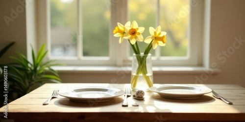 Sunlight Illuminates a Table Setting with Daffodils in a Vase, Plates, and Cutlery