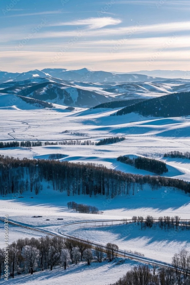 snowy landscape with a train in the distance and mountains in the distance snowy landscape with a train in the distance and mountains in the distance