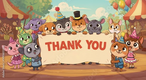 Adorable Cartoon Animals Thank You Banner Festive Fairytale Illustration