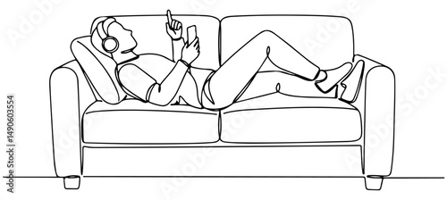 A person relaxes on a couch, listening music with holding phone, pointing up, line art drawing. vector illustration