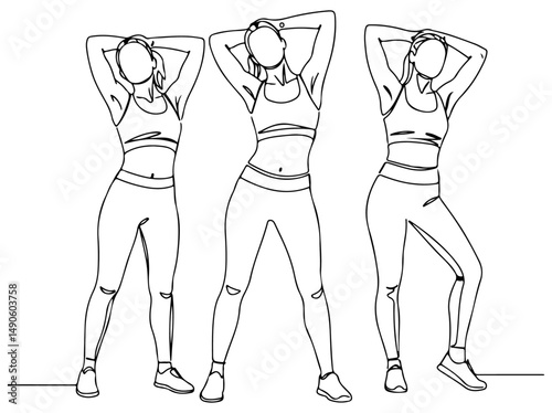A simple drawing of three people in athletic clothing, posing with arms behind their heads. vector illustration