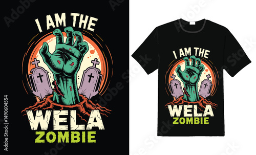 Creepy Zombie Hand Rising from Grave Halloween T Shirt Design with Tombstone and Moon