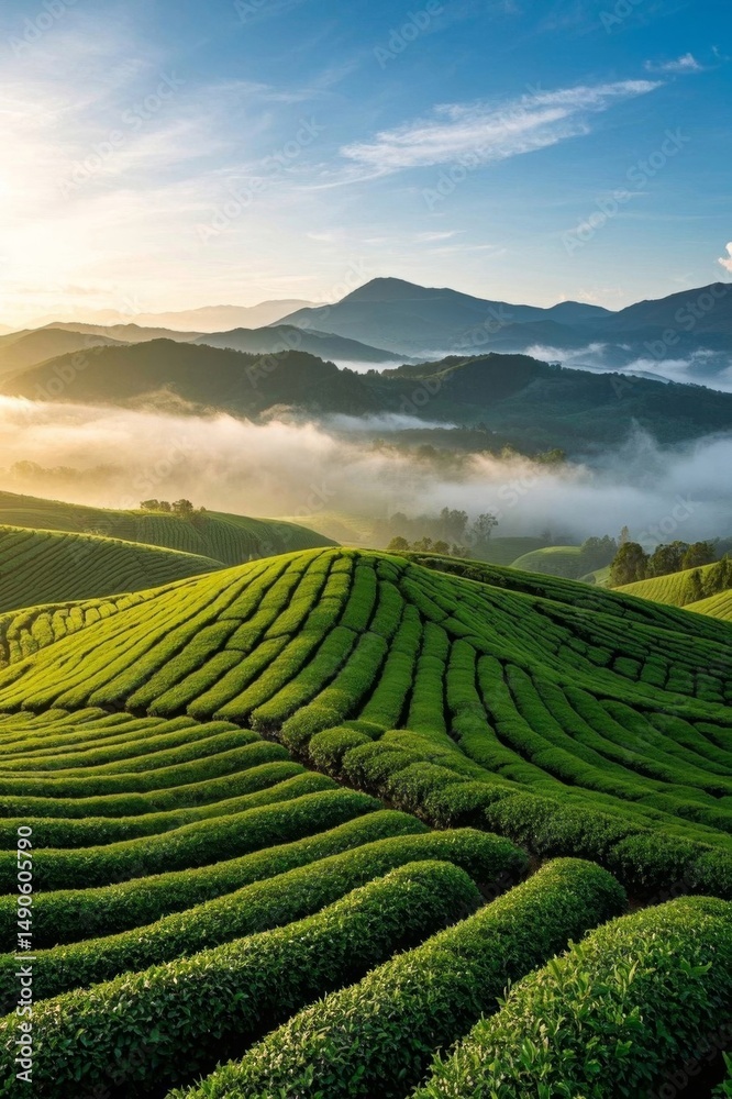 Obraz premium a view of a tea plantation in the mountains with fog