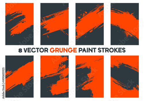 Set of 8 vertical vector grunge paint strokes in vibrant orange and charcoal. Collection of abstract, textured brush marks and distressed banners for edgy graphic designs or artistic overlays.