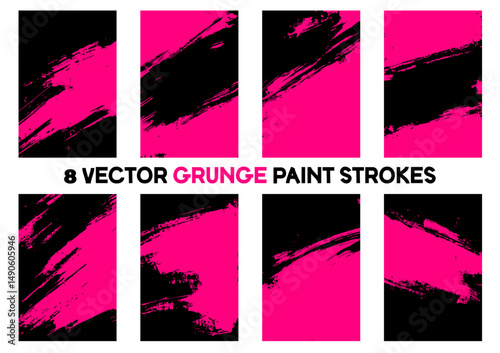 Set of 8 vertical vector grunge paint strokes in vibrant pink and black. Collection of abstract, textured brush marks and distressed banners for edgy graphic designs or artistic overlays.
