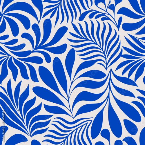 Blue and Gray Abstract Tropical Leaf Pattern