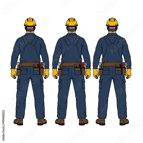 Illustration of three construction workers looking from behind ready to work