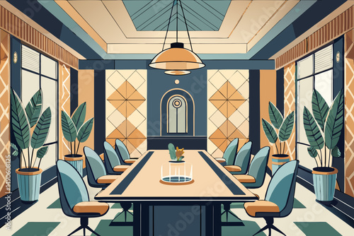 
High-end modern office meeting room with floor-to-ceiling glass windows offering a panoramic city skyline view. The stylish interior features a large wooden conference table, contemporary leather cha