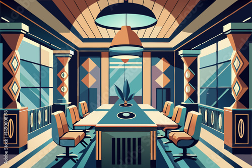 High-end modern office meeting room with floor-to-ceiling glass windows offering a panoramic city skyline view. The stylish interior features a large wooden conference table, contemporary leather chai