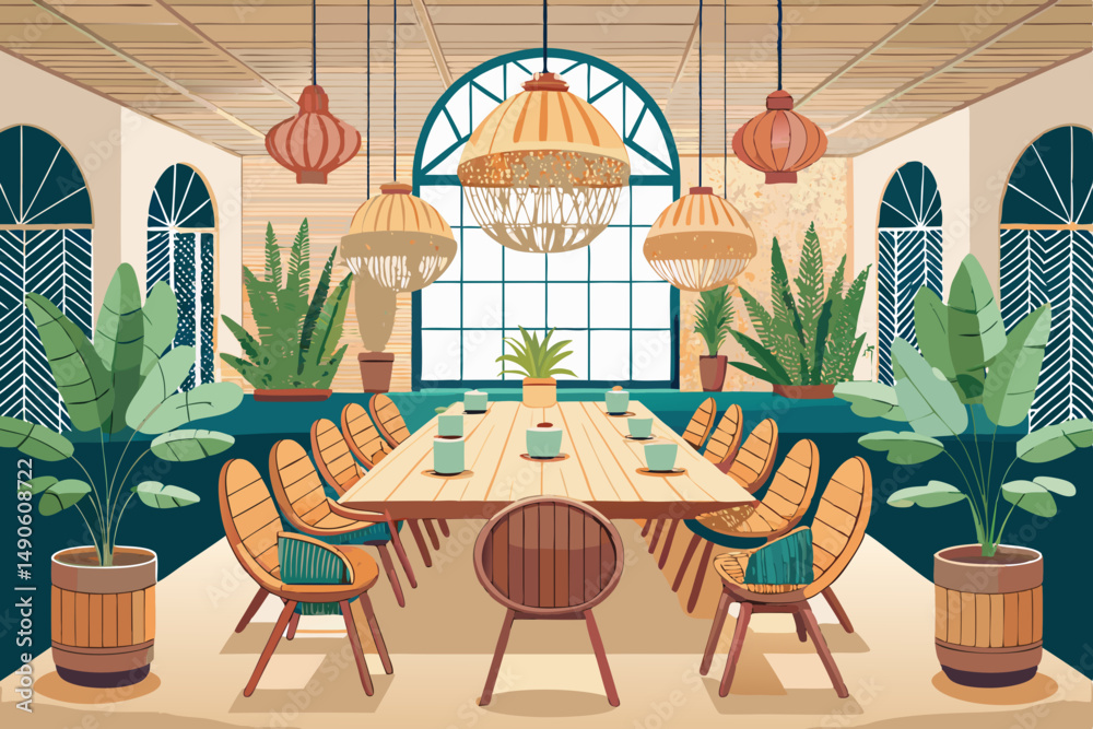 Fototapeta premium High-end modern office meeting room with floor-to-ceiling glass windows offering a panoramic city skyline view. The stylish interior features a large wooden conference table, contemporary leather cha
