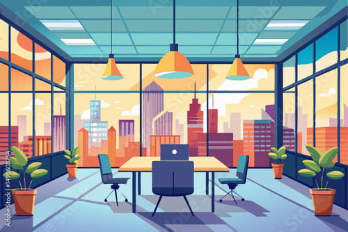
High-end modern office meeting room with floor-to-ceiling glass windows offering a panoramic city skyline view. The stylish interior features a large wooden conference table, contemporary leather cha