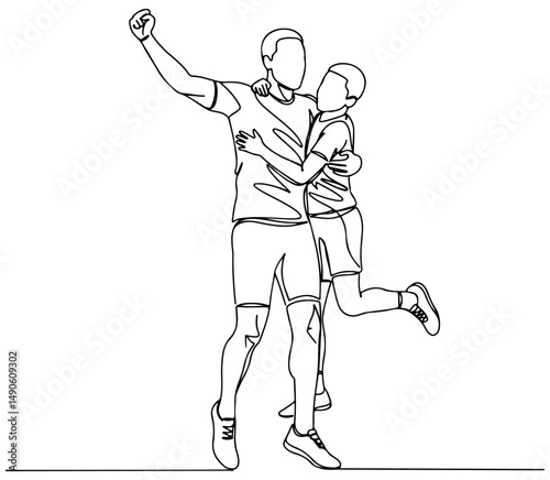 Father and son celebrating victory with a hug and raised arm, line art drawing style. vector illustration