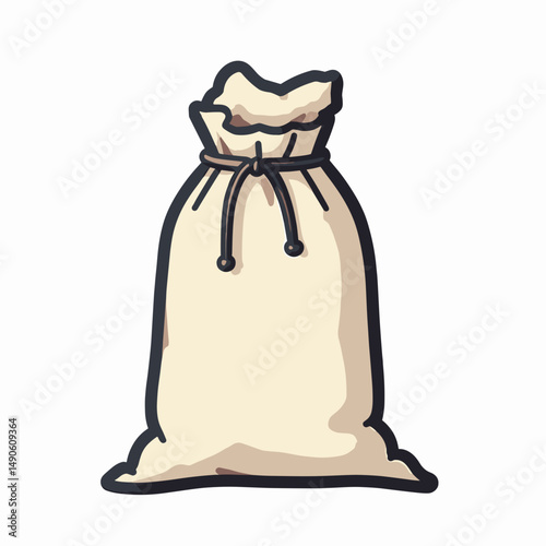brown burlap sack with drawstring, cute cartoon illustration