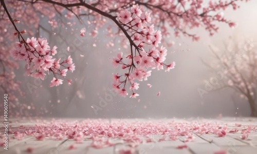 Floating pink sakura petals against a blurred spring scene  Subtle pink tones ,  light,  image