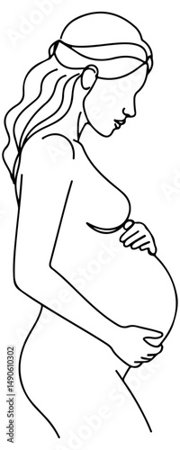 Line drawing of a pregnant woman, holding her belly with both hands. vector illustration