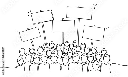 Large group of people gathered for a protest with holding blank signs, showing unity, continuous line drawing
