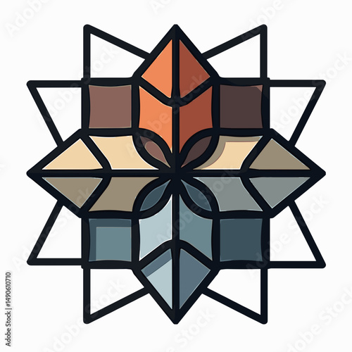 colorful stained glass pattern with brown, orange, green, blue, gray, and beige hues