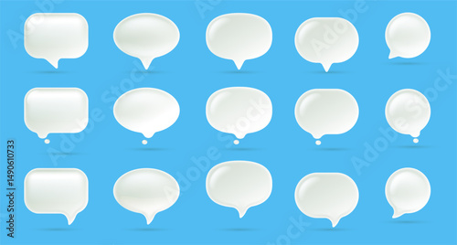 Vector illustration of set of realistic text speech bubble on blue background. 3d cartoon style design of different size shape white color speech bubble. Social media symbol of communication icon