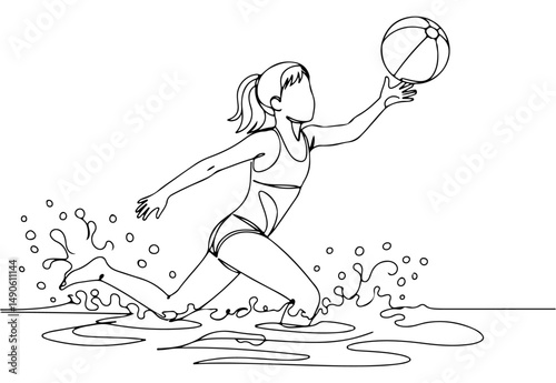 Teen girl playing with a ball in shallow water, minimalistic line art. vector illustration