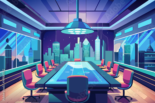 High-end modern office meeting room with floor-to-ceiling glass windows offering a panoramic city skyline view. The stylish interior features a large wooden conference table, contemporary leather chai