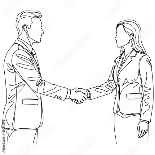 Two business professionals shaking hands with dressed formally, minimalistic line art. vector illustration