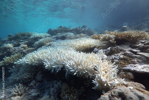 High-angle view of A coral reef showing significant bleaching underwater.