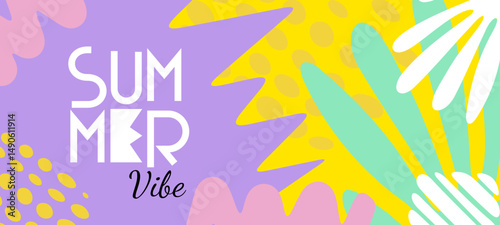 Vector creative seasonal illustration of summer geometric background with abstract tropical leaves and spot. Flat cartoon style design of template with summer text and shape