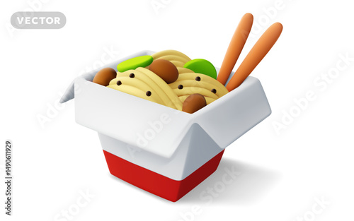 Vector realistic illustration of asian meal with noodles. 3d style cartoon design of asian dish with chopsticks. Tasty noodles with meat in cardboard box. Japanese or korean fast food delivery