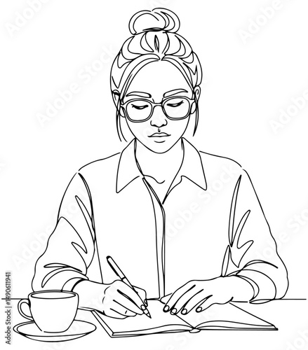Women writing in a notebook with cup of coffee placed nearby on the table, minimalistic line art style