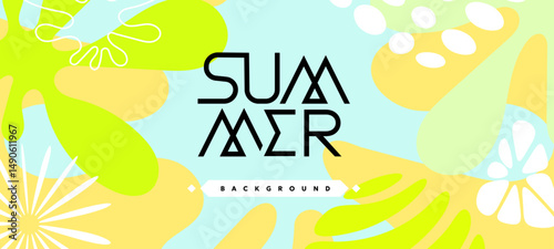 Vector creative summer illustration of geometric seasonal background with abstract leaves and spot. Flat cartoon style retro color design of template with summer text and shape