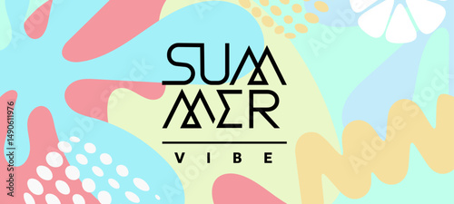 Vector seasonal illustration of summer geometric background with abstract shape and spot. Flat creative cartoon retro style design of template with summer text and tropical leaves