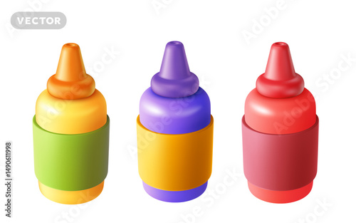 Vector realistic illustration of different bottle with ketchup, mustard and mayonnaise on white color background. 3d style cartoon design of bottle of sauce. Delicious fast food sauce