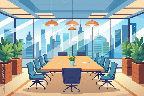 High-end modern office meeting room with floor-to-ceiling glass windows offering a panoramic city skyline view. The stylish interior features a large wooden conference table, contemporary leather chai