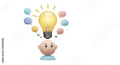 Bright Idea 3D Cartoon Character with Glowing Lightbulb and Thought Bubbles