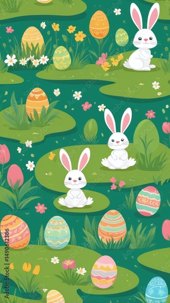 Green landscape with easter eggs and bunny seamless pattern. Vector illustration. Green landscape with easter eggs and bunny seamless pattern. Vector illustration.