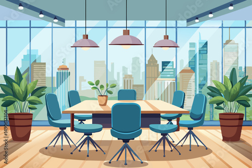 High-end modern office meeting room with floor-to-ceiling glass windows offering a panoramic city skyline view. The stylish interior features a large wooden conference table, contemporary leather chai