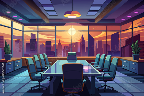 High-end modern office meeting room with floor-to-ceiling glass windows offering a panoramic city skyline view. The stylish interior features a large wooden conference table, contemporary leather chai