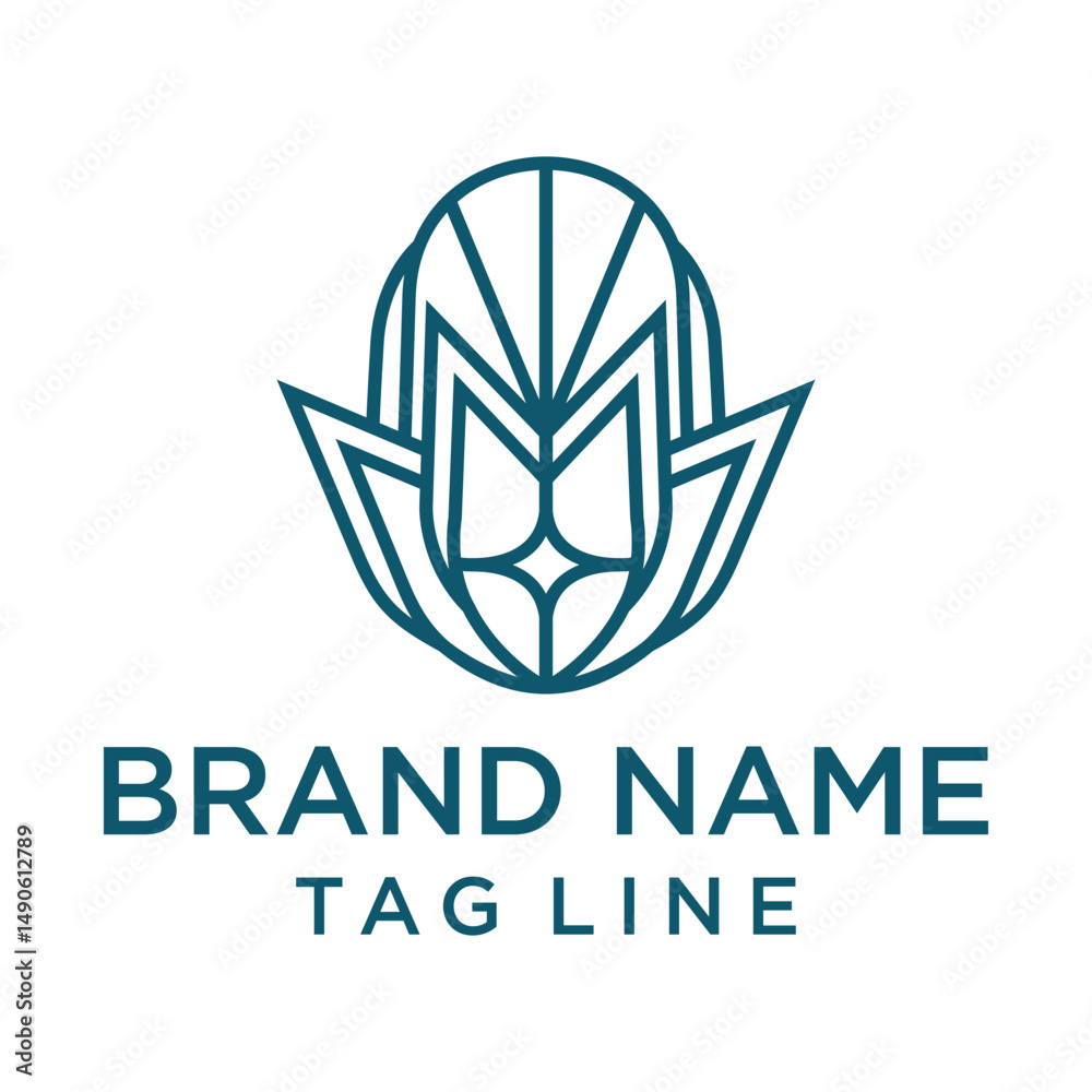 Fototapeta premium A modern and geometric logo featuring an abstract floral or organic shape with intricate line work in teal. Evokes growth, elegance, and a unique aesthetic. Suitable for various creative industries.