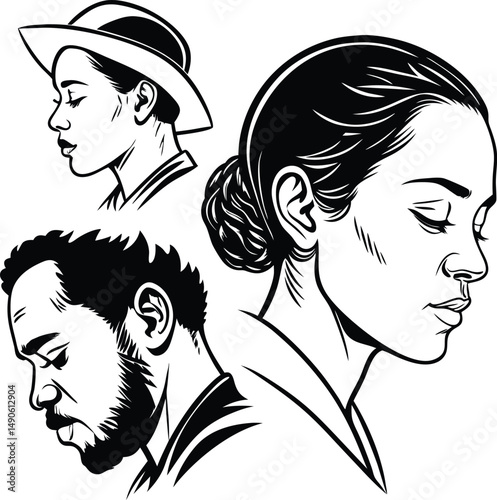 Profiles of diverse individuals in black and white line art.