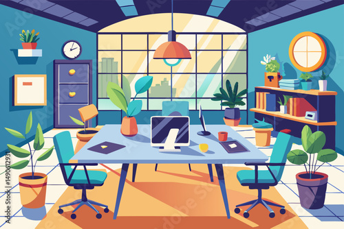 High-end modern office meeting room with floor-to-ceiling glass windows offering a panoramic city skyline view. The stylish interior features a large wooden conference table, contemporary leather chai