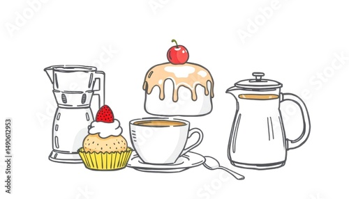 Desserts and coffee setup with cupcake, coffee pot, and milk jug  