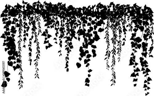Hanging plants. Various plants branches wall. Simplistic foliage border. Horizontal isolated vector decoration.