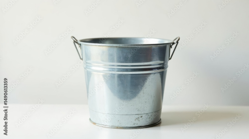 A small, empty galvanized metal pail with wire handles sits on a plain white surface against a white background A small, empty galvanized metal pail with wire handles sits on a plain white surface against a white background