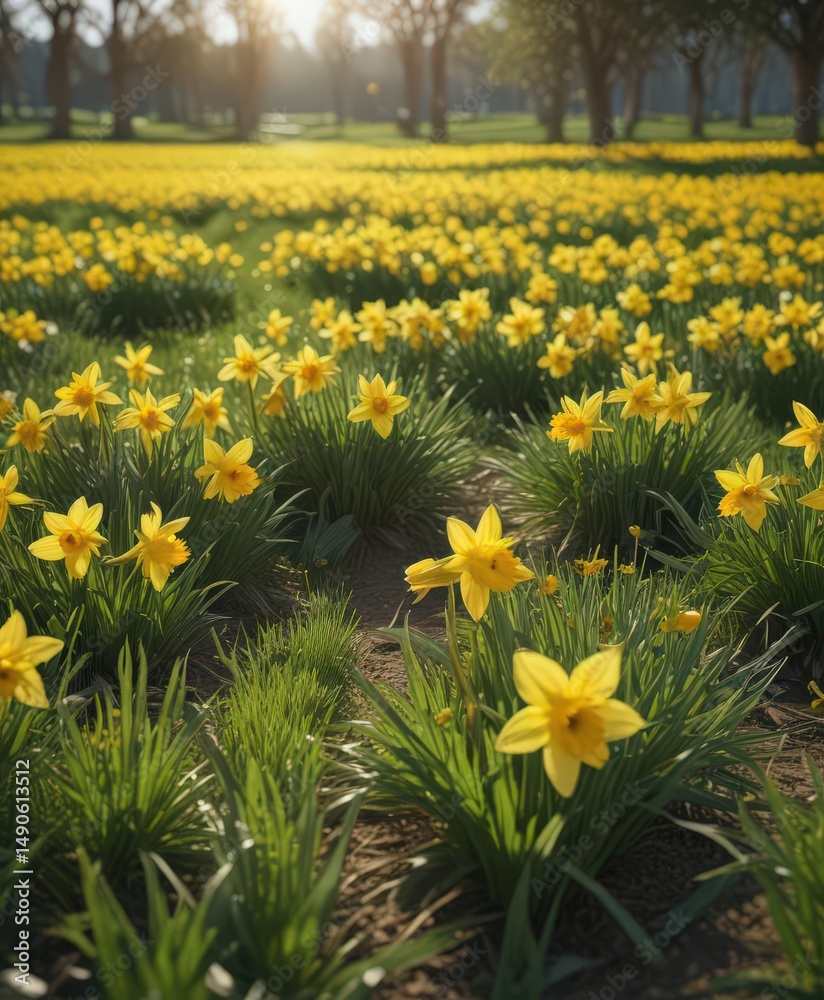 Obraz premium Sunlit daffodil field, vibrant yellow blooms, lush green grass, bloom, plant