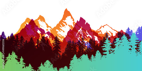 Mountain with forest silhouette border. Vectot colorful design element in overprint style.
