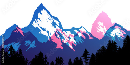 Mountain with forest silhouette border. Vectot colorful design element in overprint style.