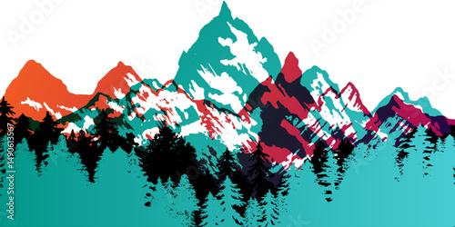 Mountain with forest silhouette border. Vectot colorful design element in overprint style.
